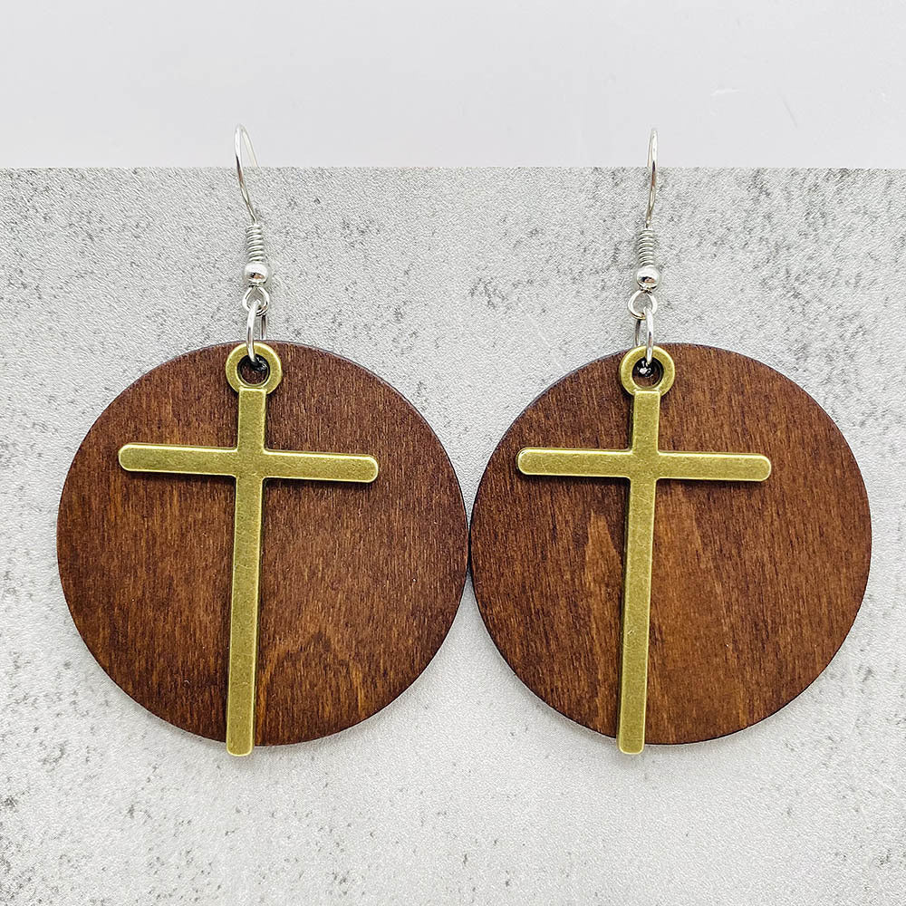 Wholesale Vintage Wooden Cross and Feather Earrings