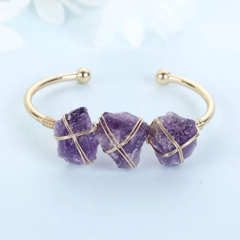 Wholesale Natural Amethyst Pink Quartz Raw Stone Bracelet Hand-woven Open Bracelet Crystal Bracelet Stainless Steel ACC-BT-Qianc001