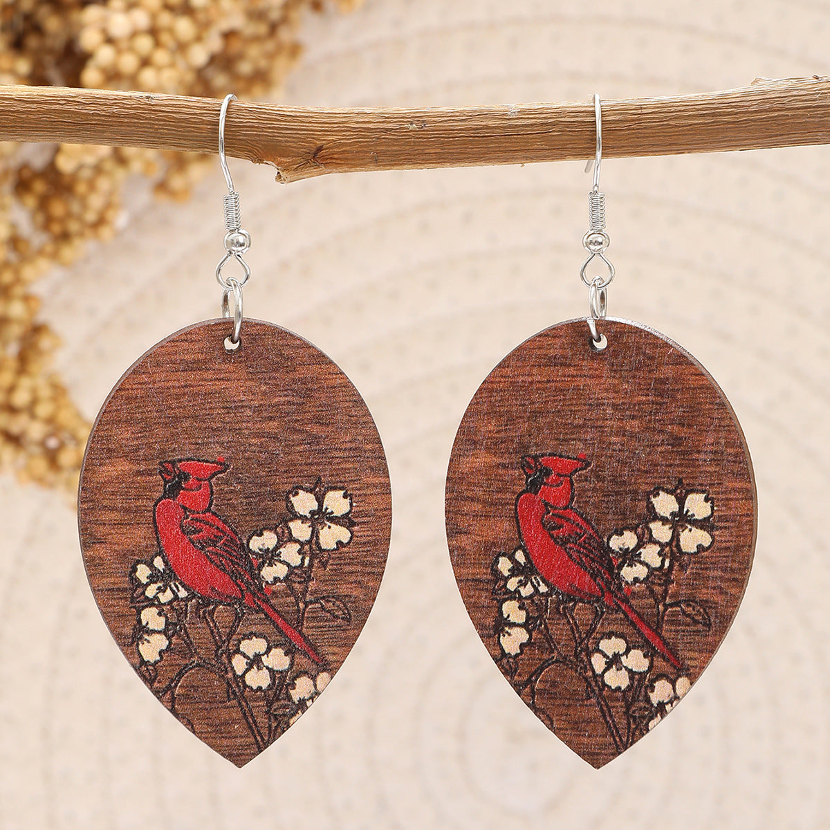Wholesale Vintage Hollow Round Wood Earrings Bird Drop Shape Earrings