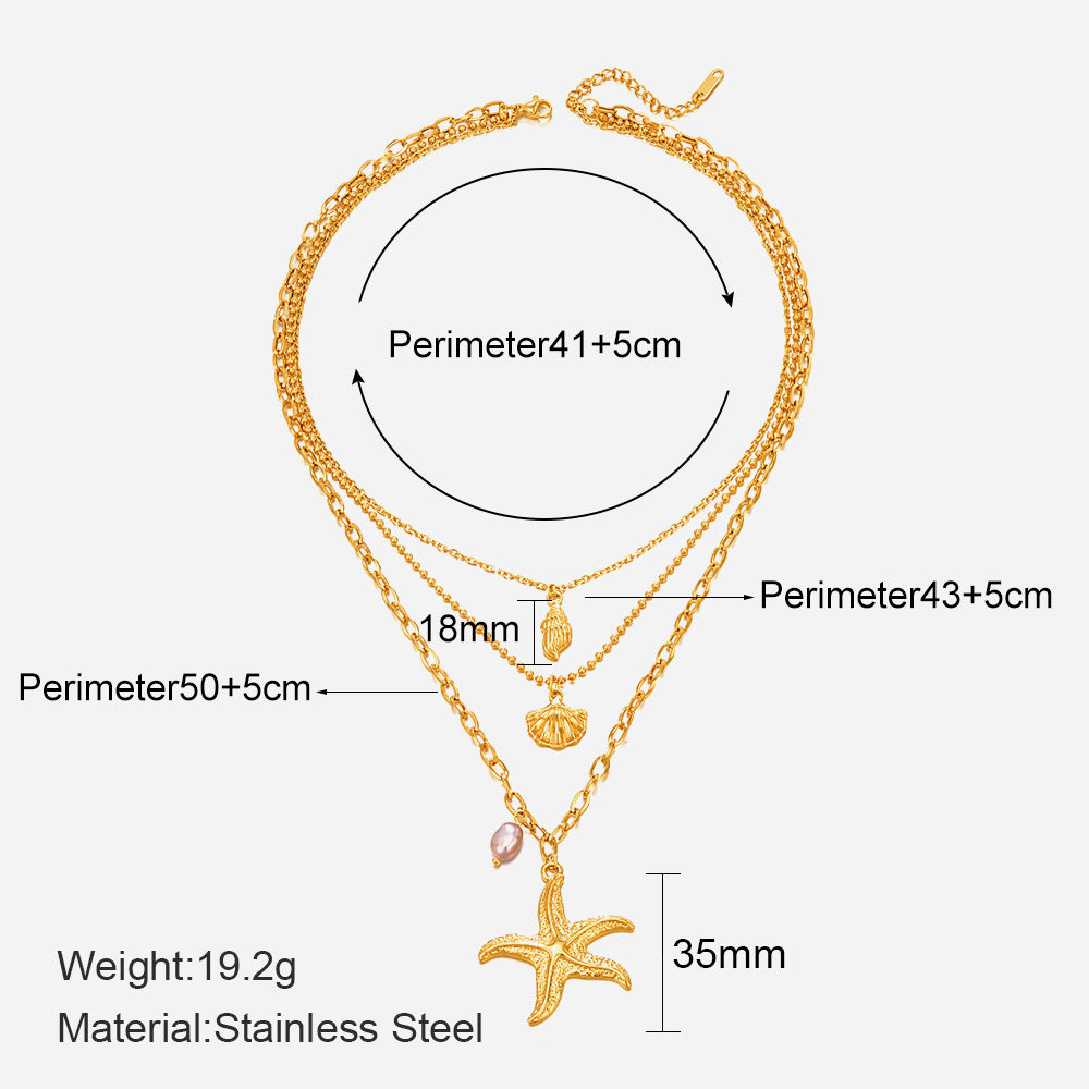 Wholesale Stainless Steel Three-Layer Pearl Starfish Pendant Necklace