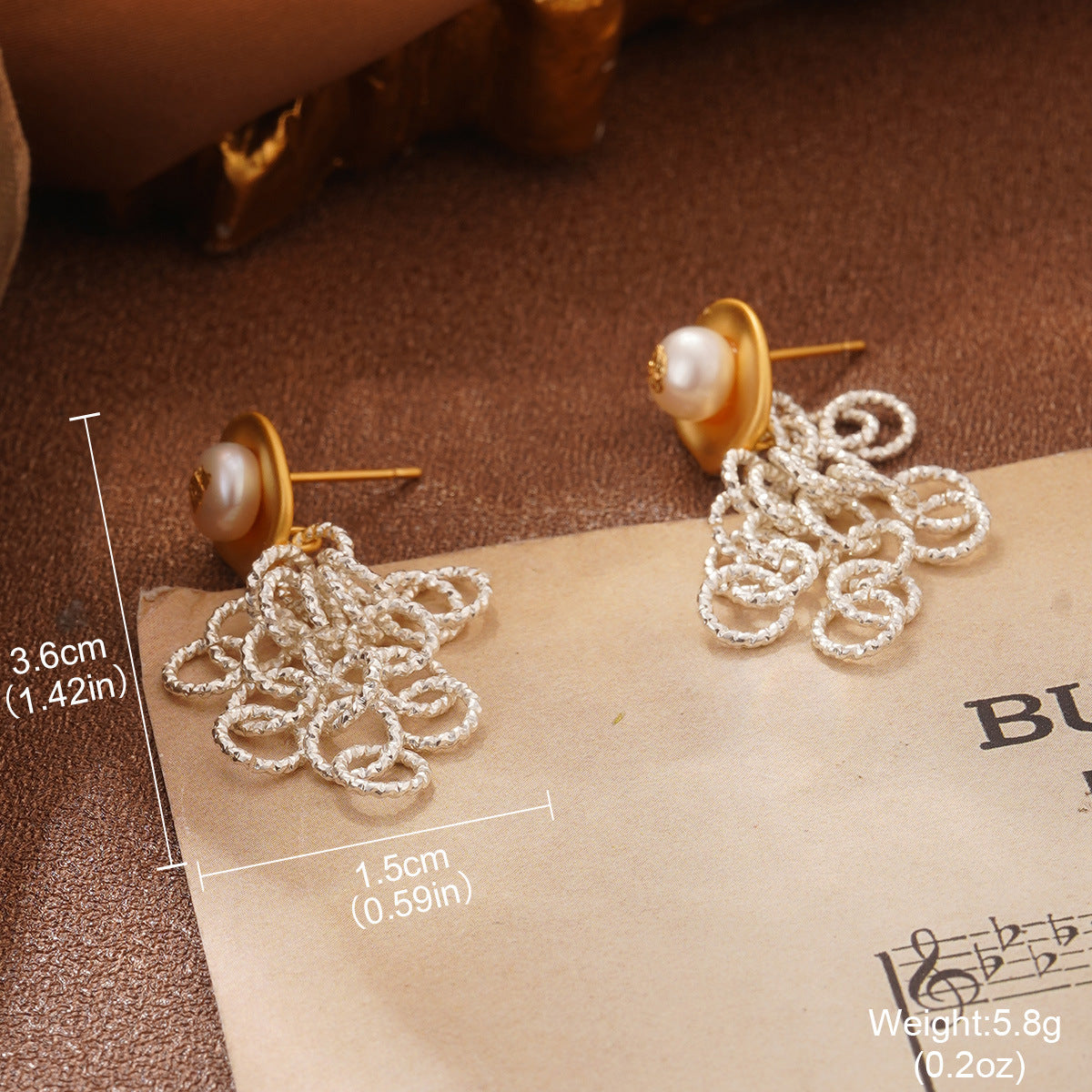 Wholesale Retro  Pearl Heart Earrings Silver Tassel Ring Leaf Splicing Necklace