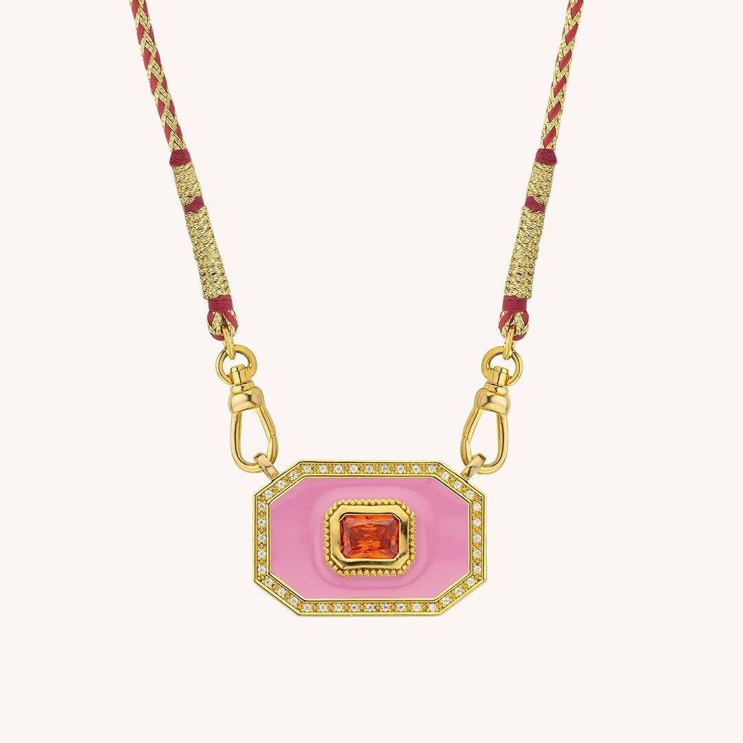 Wholesale Colorful Tarot Square Card Pink Oil Drop Diamond Necklace