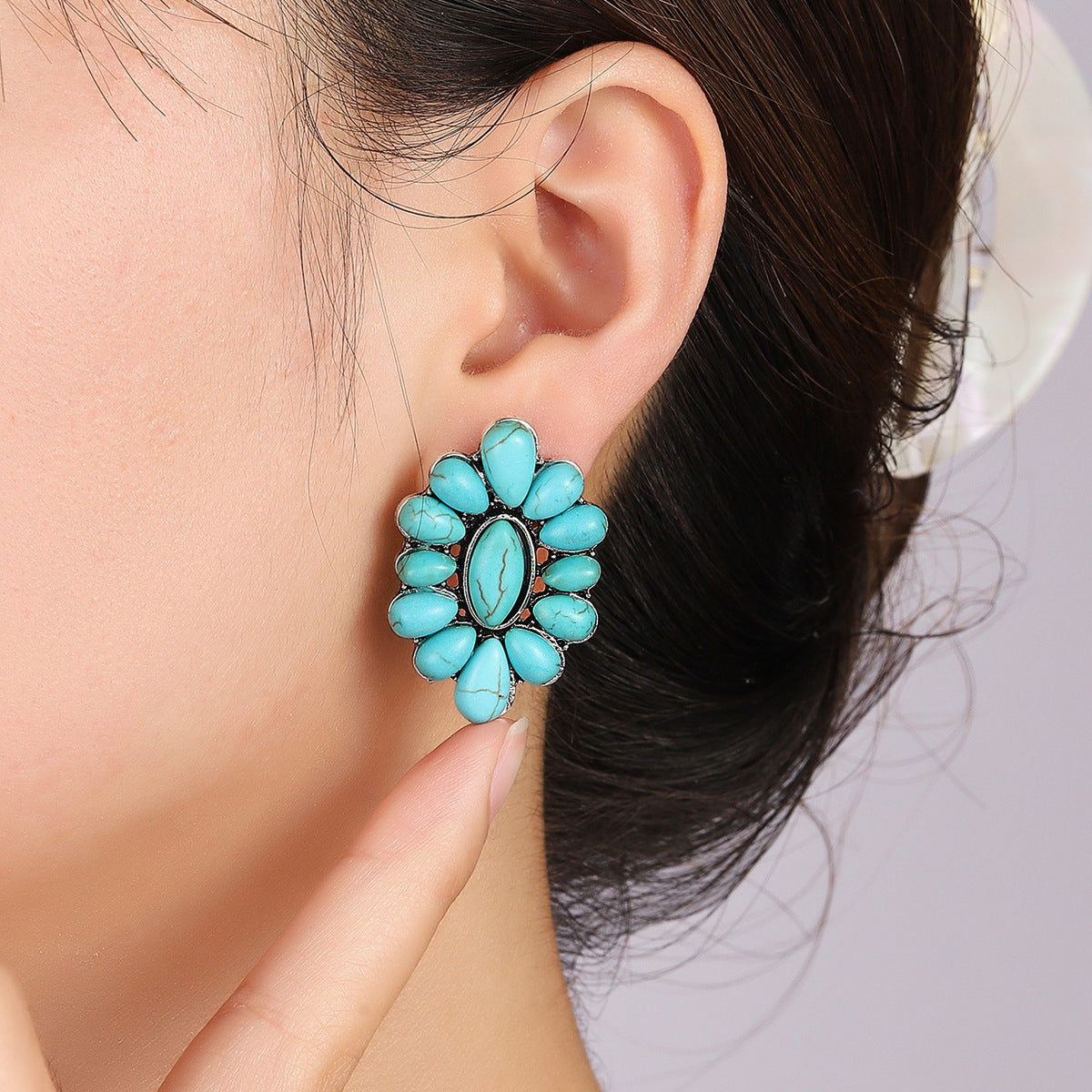 Wholesale alloy turquoise oil earrings geometric flower exaggerated earrings personality creative earrings