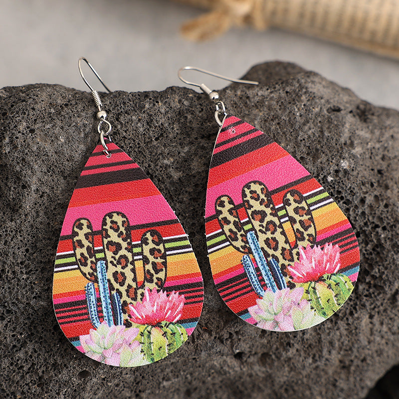 Wholesale  western style cactus leopard pattern drop-shaped leather earrings earrings