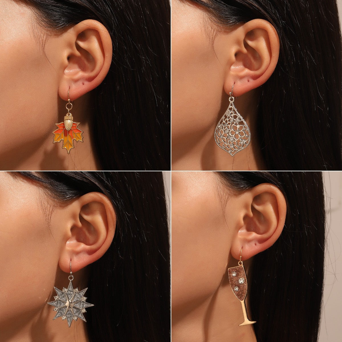 Wholesale Diamond wine glass earrings pastoral vintage leaves snowflake alloy earrings