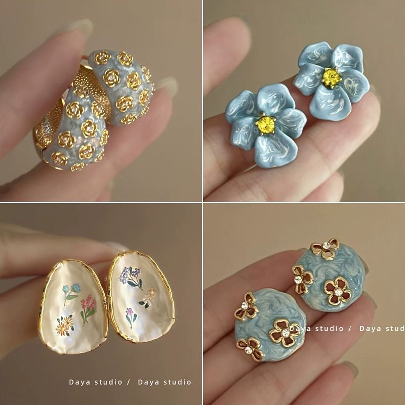 Wholesale Embossed Hazy Blue Vintage Drip Glaze Rose Flower Zircon Earrings