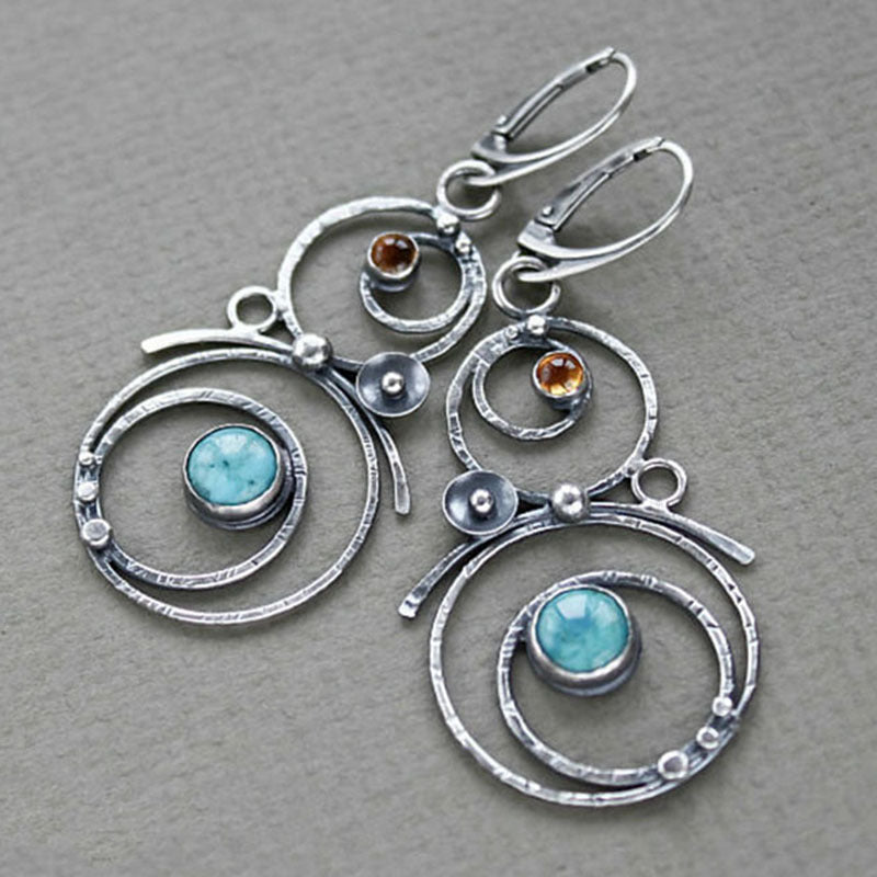 Wholesale Vintage Round Hollow Blue Natural Stone Earrings Silver Metal Geometric Design Fashion Jewelry Accessory