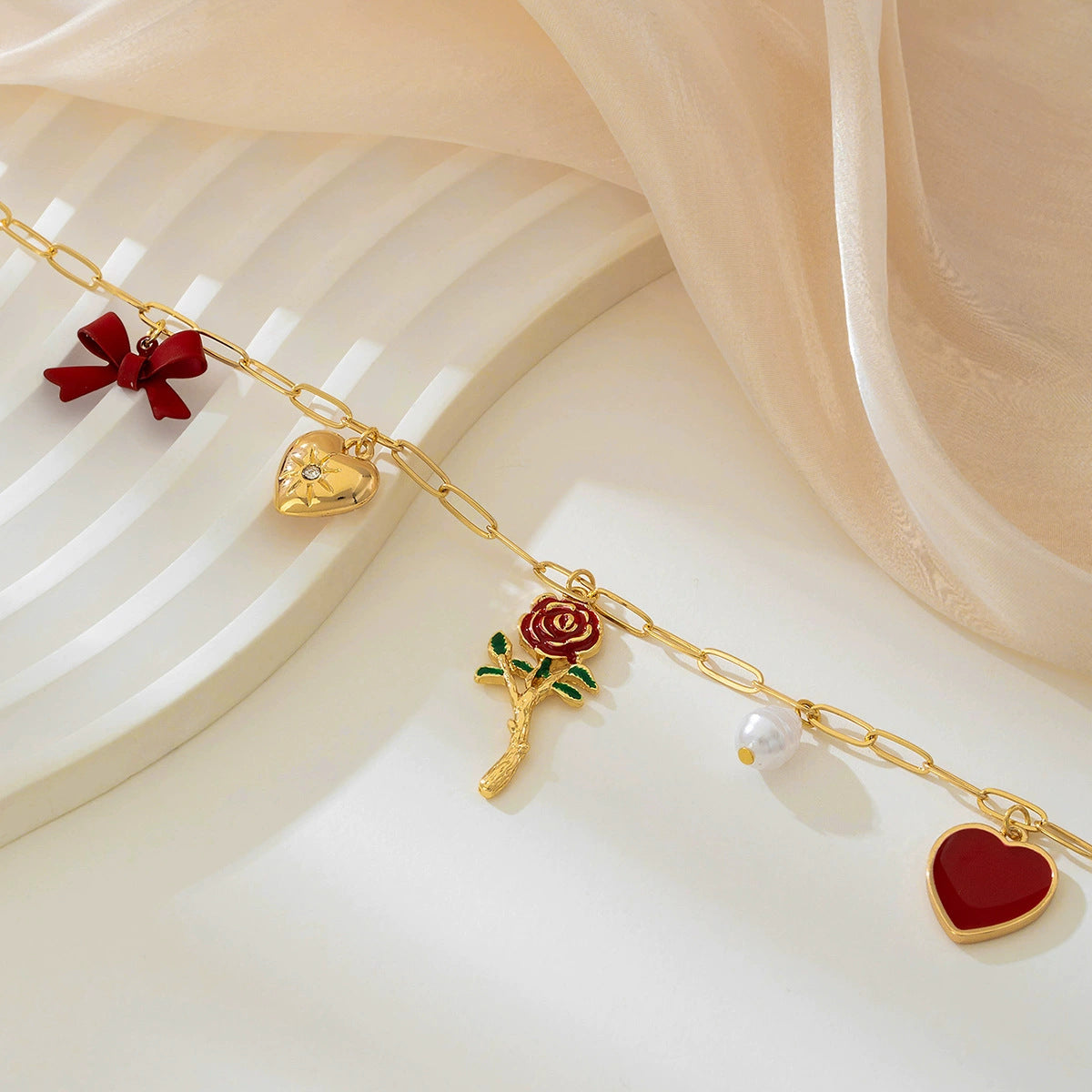 Wholesale Metal Red Heart Artificial Pearl Bow Women's Necklace