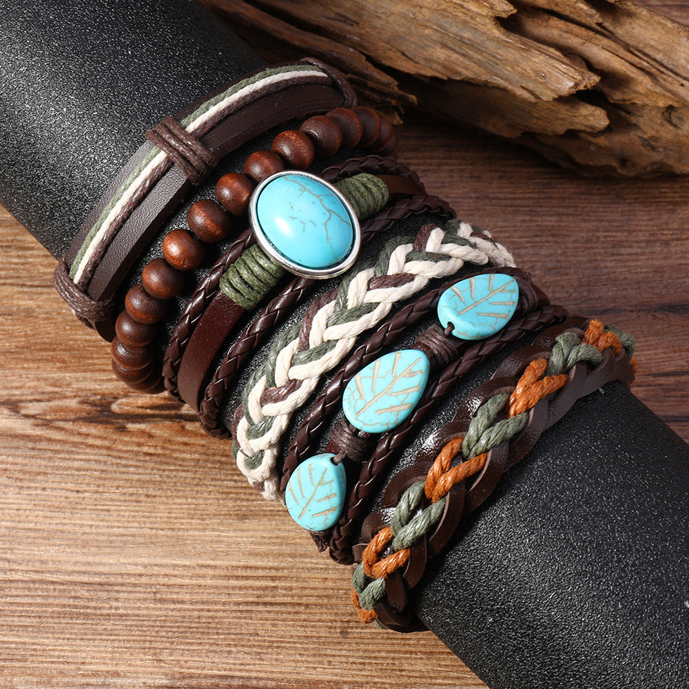 Wholesale Boho Blue Wood Bead Woven Multi Layer Bracelet Set Unisex 6 Piece Fashion Jewelry Accessory For Everyday Wear And Boutique Resale