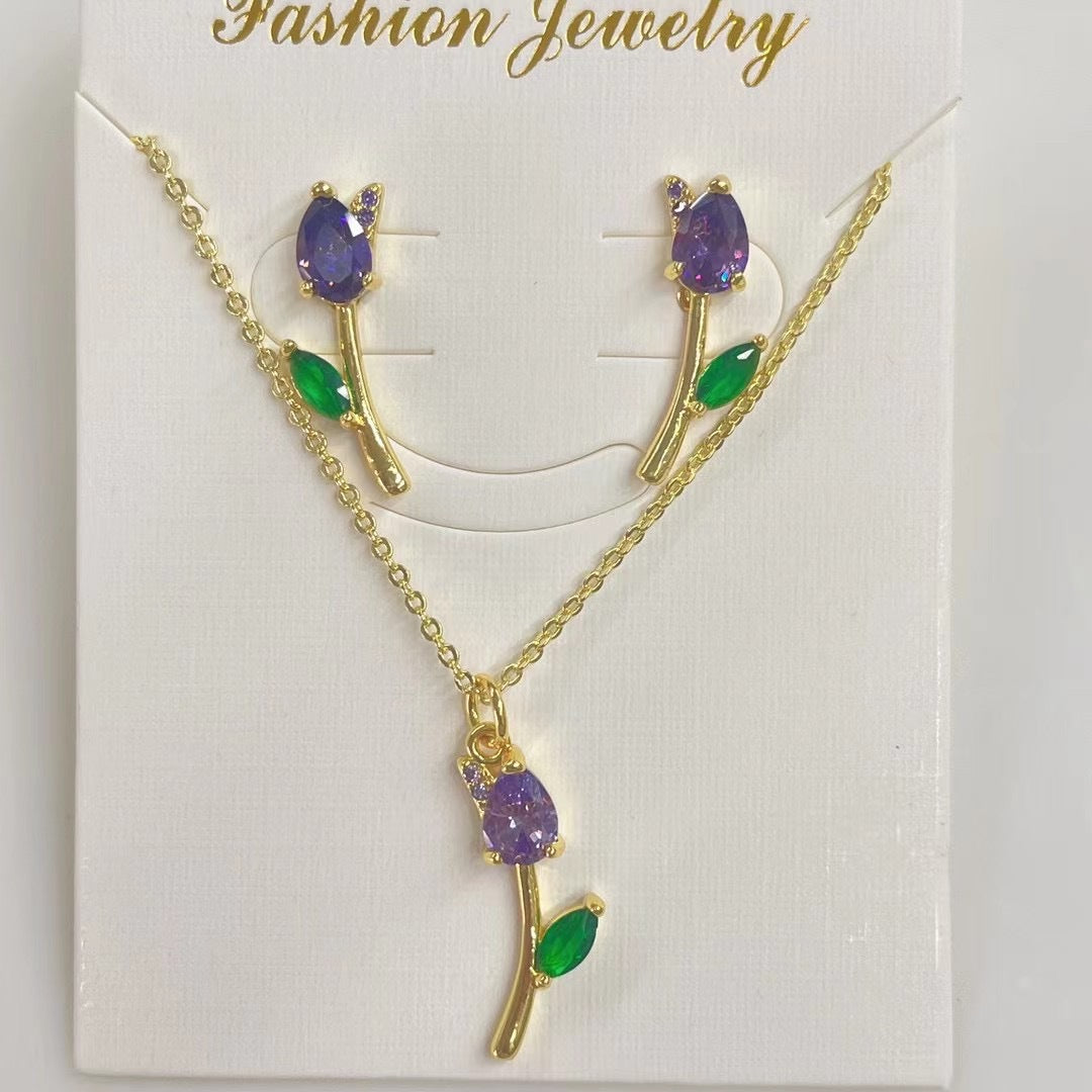 Wholesale Copper-plated 18k colored zircon floral tulip necklace and earring set
