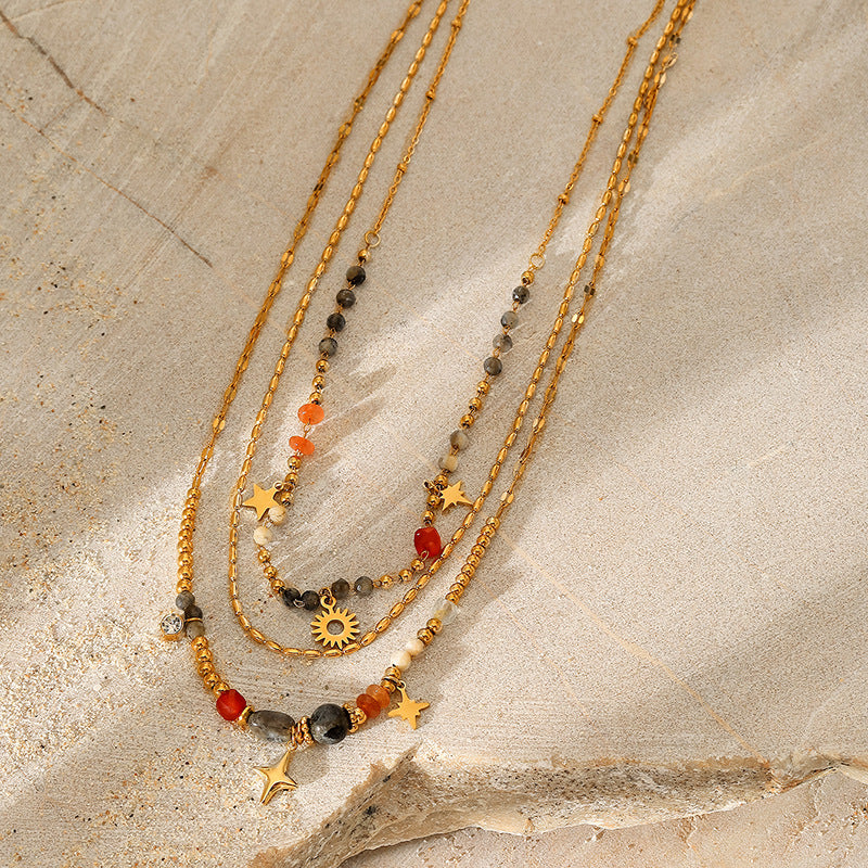 Wholesale Multi-Layered Colorful Natural Stone Titanium Steel Pendant Necklace