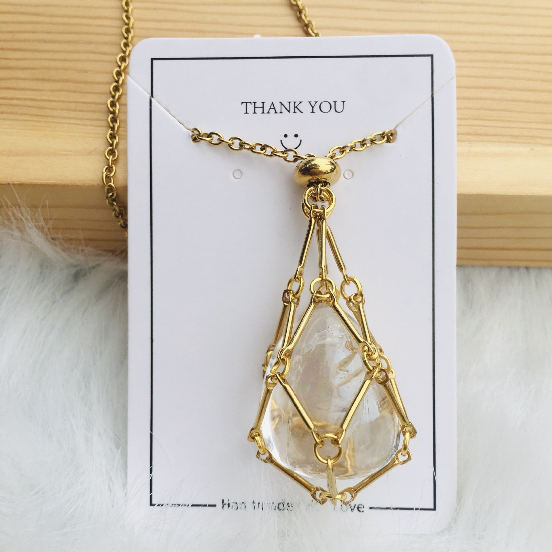 Wholesale Natural Crystal Net Bag Metal Bamboo Necklace Braided Pendant Crystal Mesh Bag ACC-NE-RongGuan009