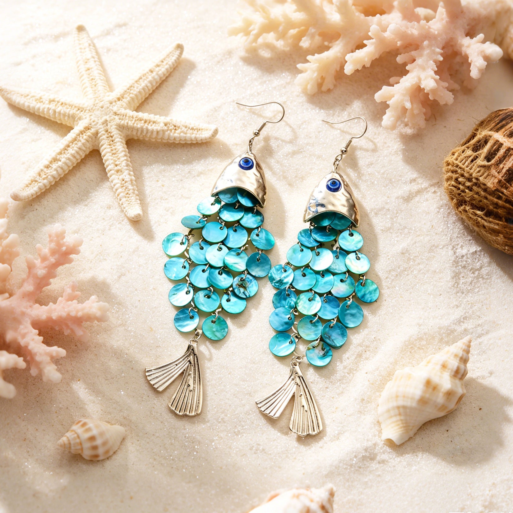 Wholesale Zinc Alloy Devil' s Eye Shell Fish Earrings - Retro Holiday Long Tassel Earrings for Resale Fashion Accessory