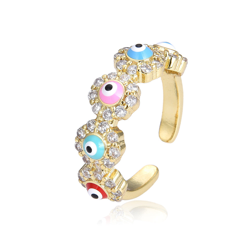 Wholesale 18K gold-plated zircon oil-drop colored devil' s eye open ring