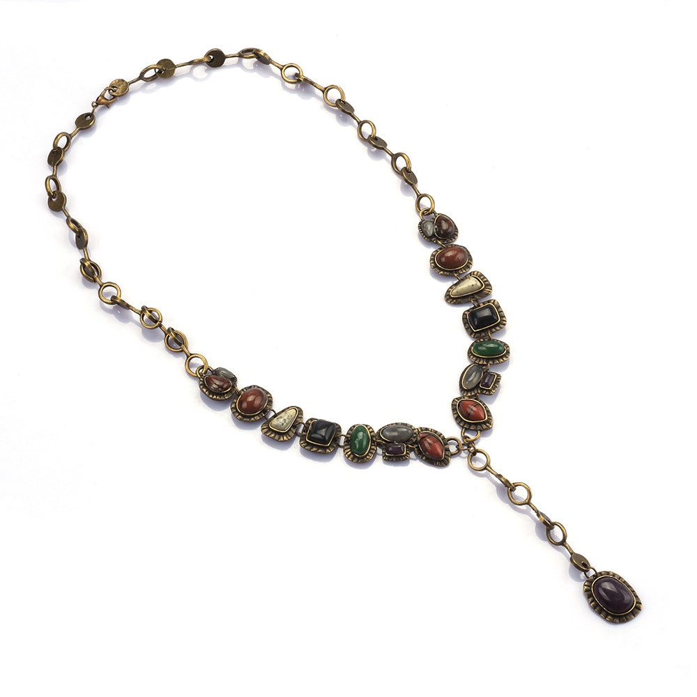 Wholesale Vintage Metal Gemstone Inlaid Long Necklace