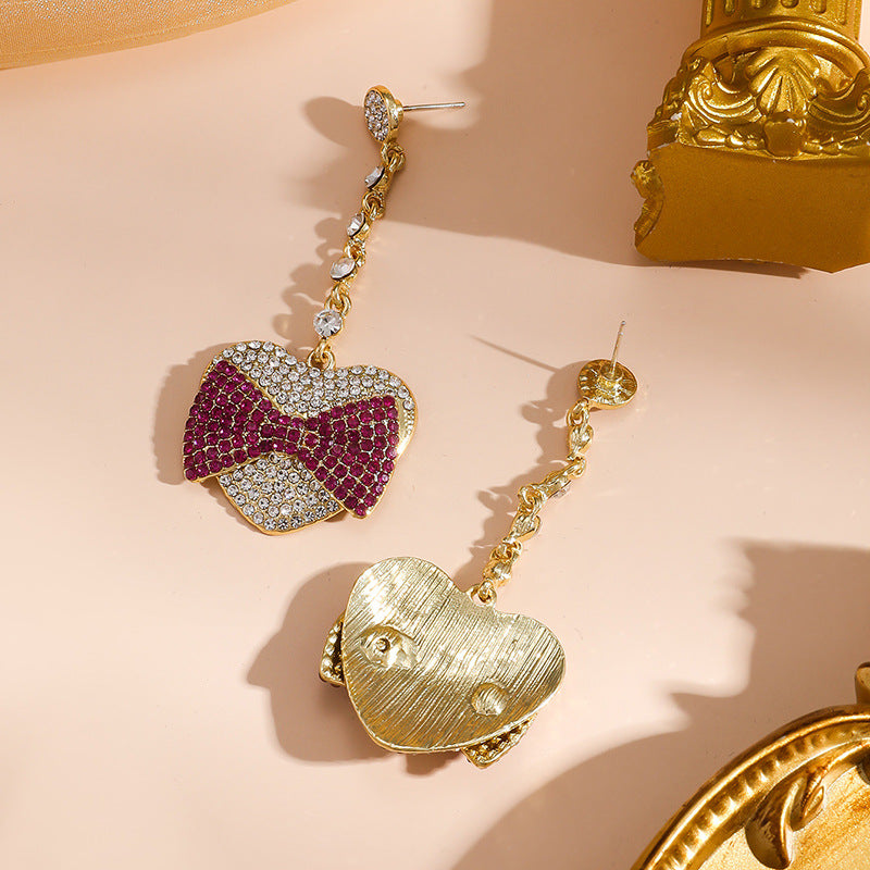 Wholesale Pink Bow Full Diamond Love Tassel Earrings ACC-ES-FSY001