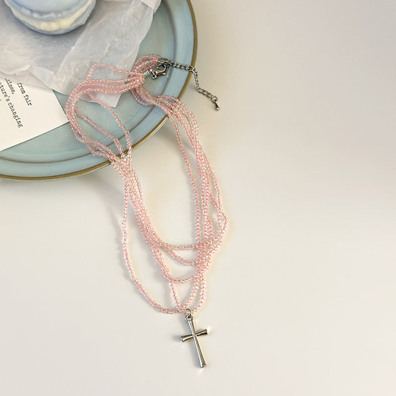 Wholesale Light luxury multi-layer crystal beaded clavicle cross chain