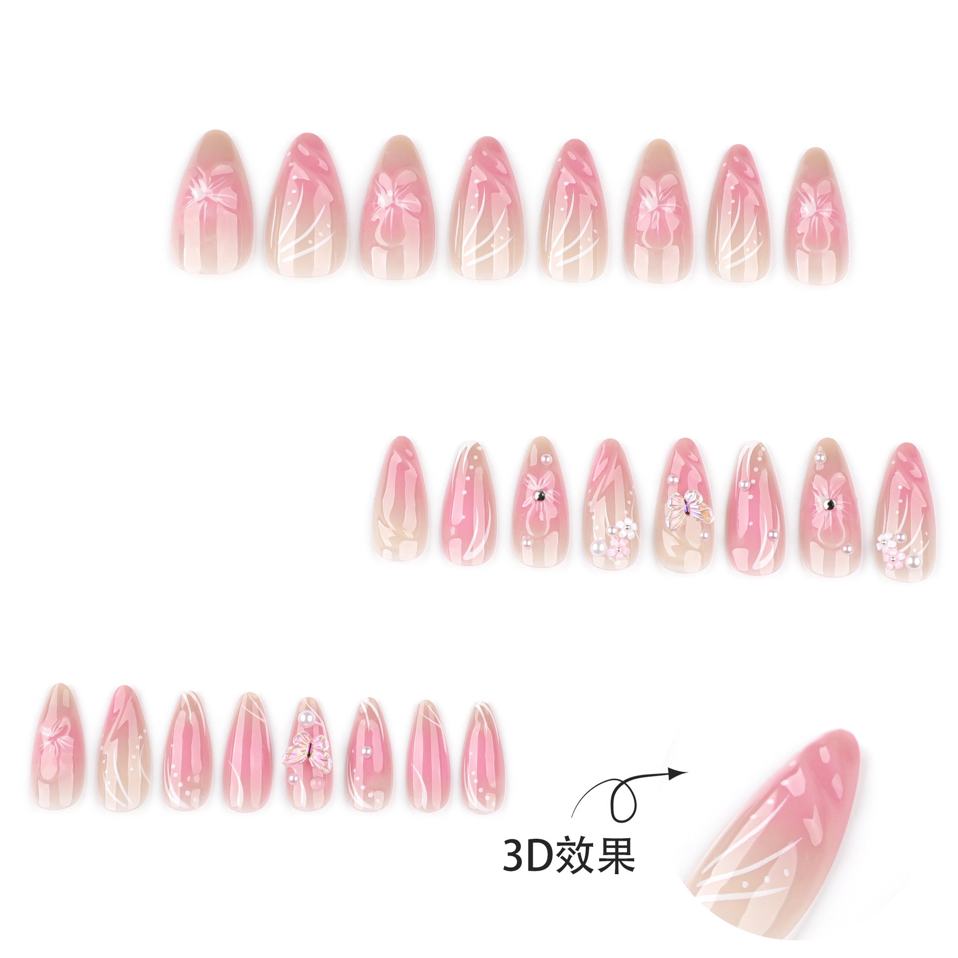 Wholesale 24 Pieces/box Pink Diamond Flower Bow Nails Kits Nail Stickers
