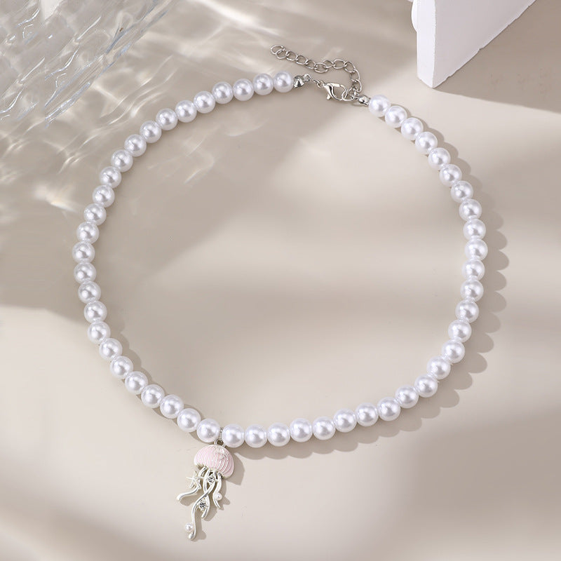 Wholesale pearl necklace metal jellyfish pink cute ocean wind  jewelry