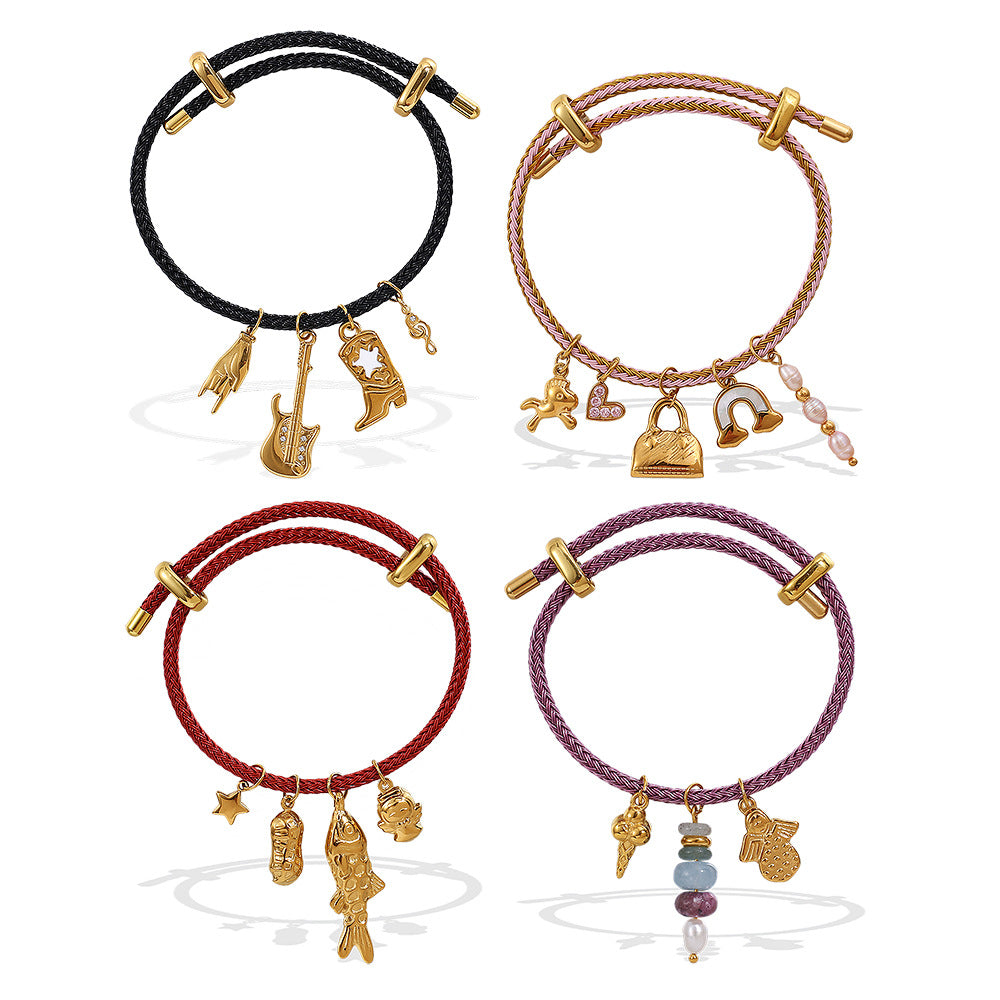 Wholesale Cross-Border European and American Popular Adjustable Rope Multi-Pendant Bracelet DIY Stainless Steel Plated 18K Gold Bracelet Accessible Luxury Model