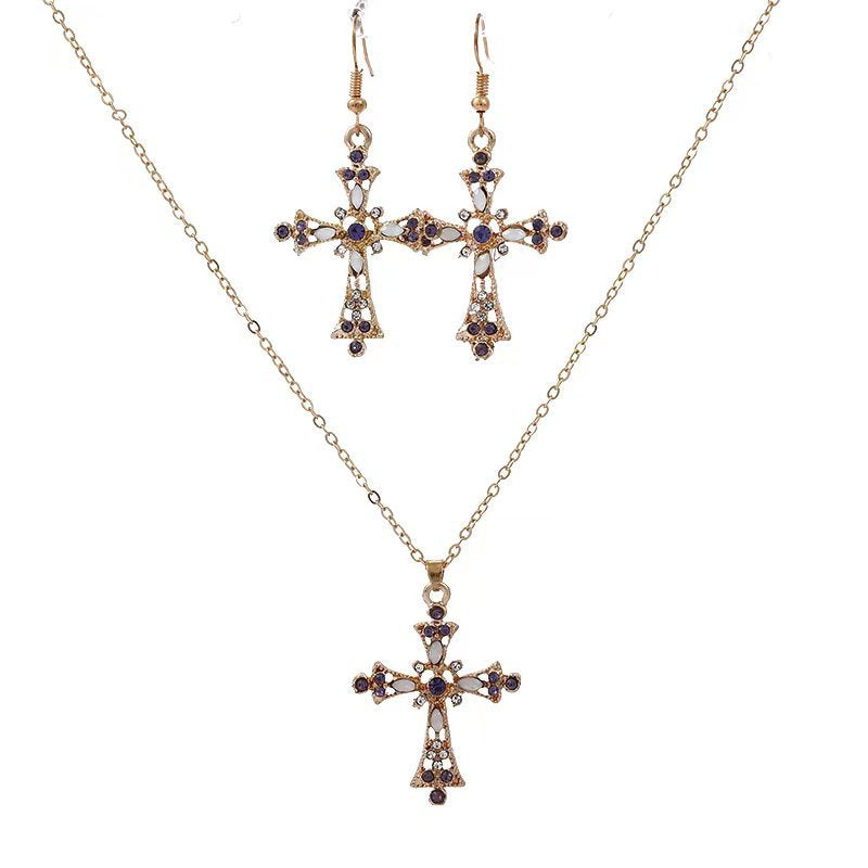 Wholesale  Bohemian Fashion Diamond Cross Earrings Necklace Set