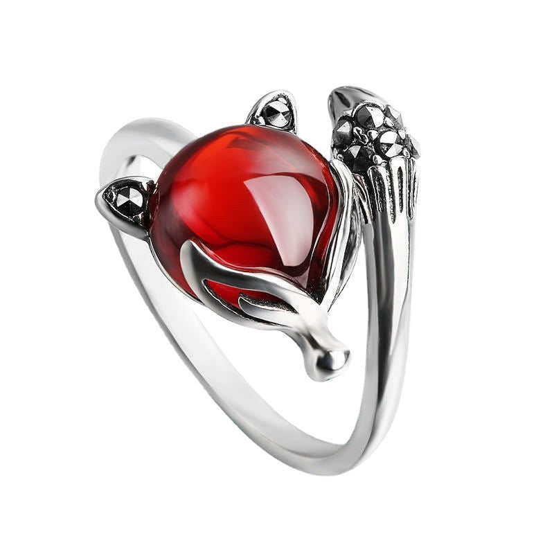 Wholesale Chalcedony Pomegranate Red Vintage Fox Open Adjustable Ring
