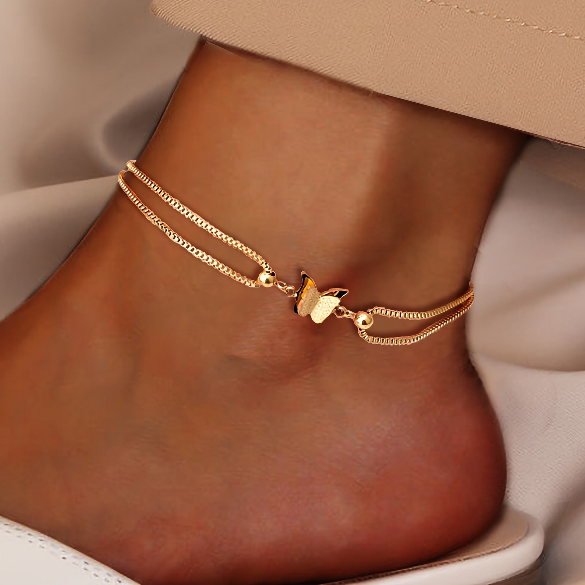 Wholesale Minimalist Double Layer Butterfly Anklet Snake Bone Chain Trendy Wedding Jewelry Accessory