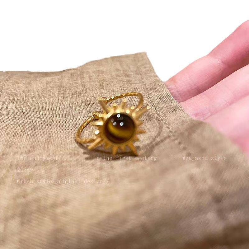 Wholesale Golden Sunflower Tiger Eye Stone Alloy Ring