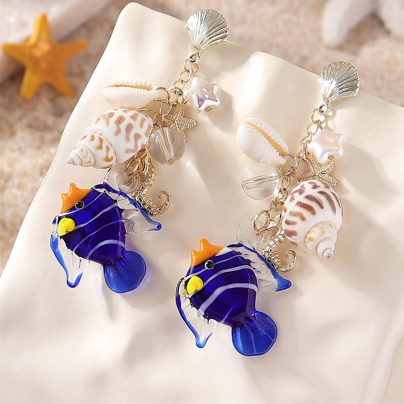 Wholesale Bohemian shell conch seahorse cute sea fish pendant earrings