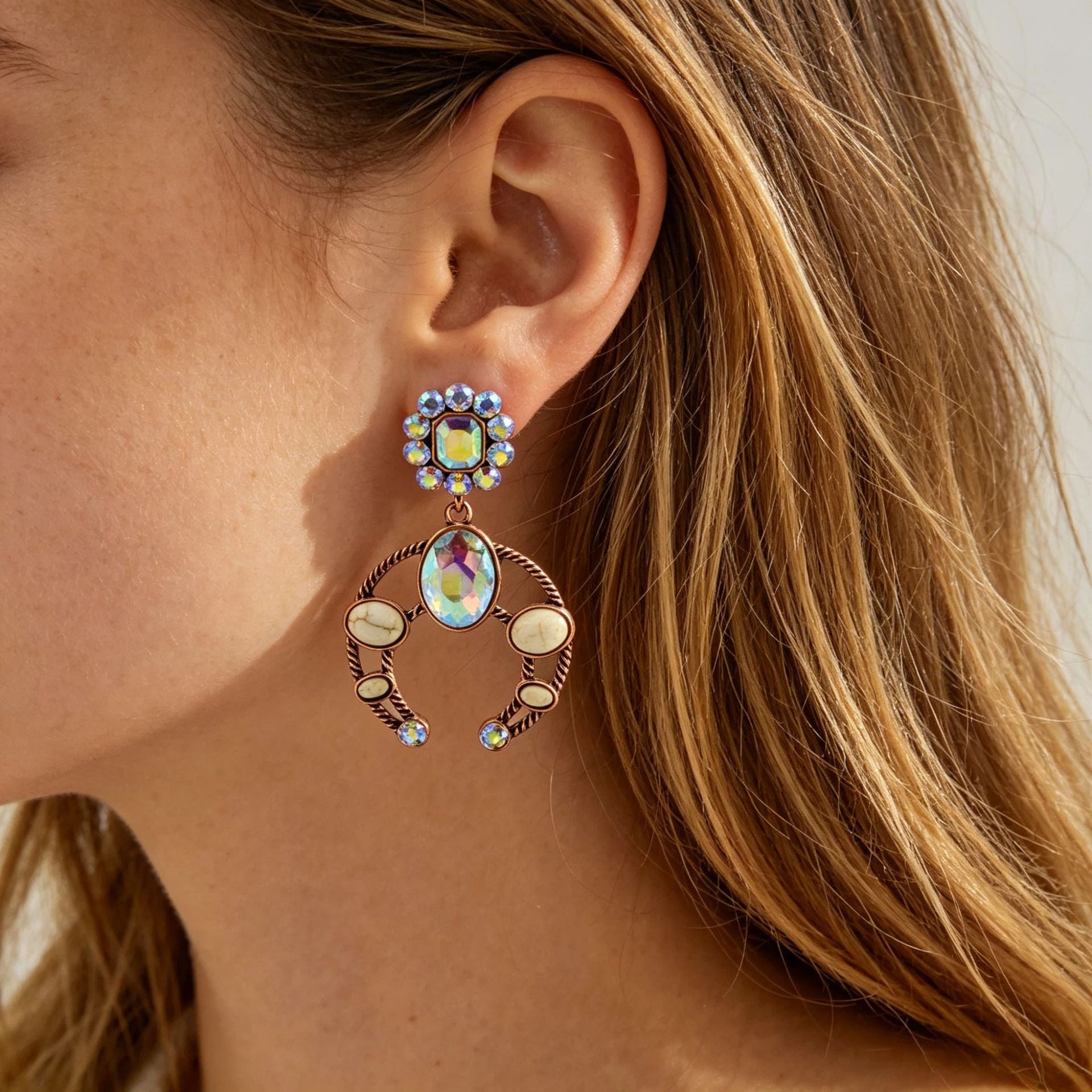 Wholesale Zinc Alloy Electroplated Crescent Blue Turquoise Stud Earrings With Rhinestones Stylish Fashion Accessory For Women