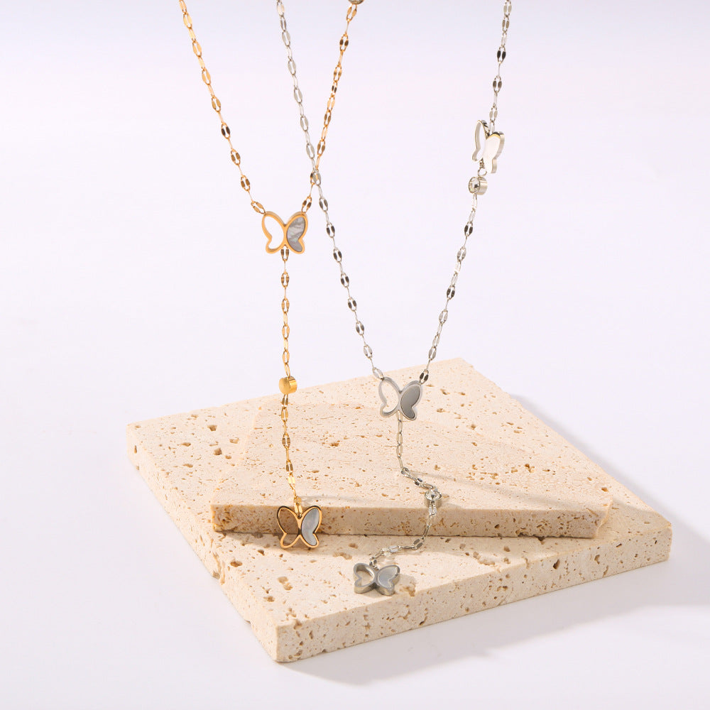 Wholesale  Stainless steel Butterfly Inlaid White Shellfish Necklace Long Tail Chain