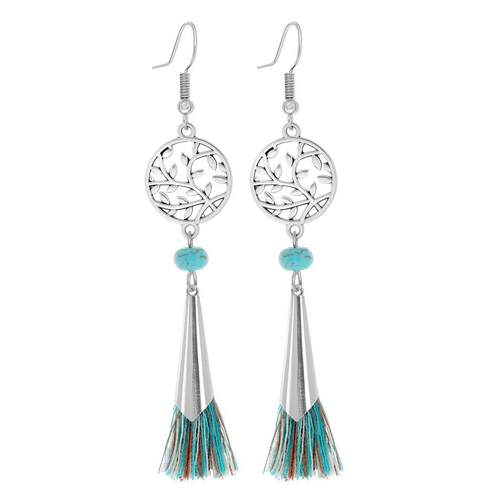 Wholesale Turquoise Tassel Earrings Geometric Alloy Design for Party Wear Boutique Resale Jewelry Accessory