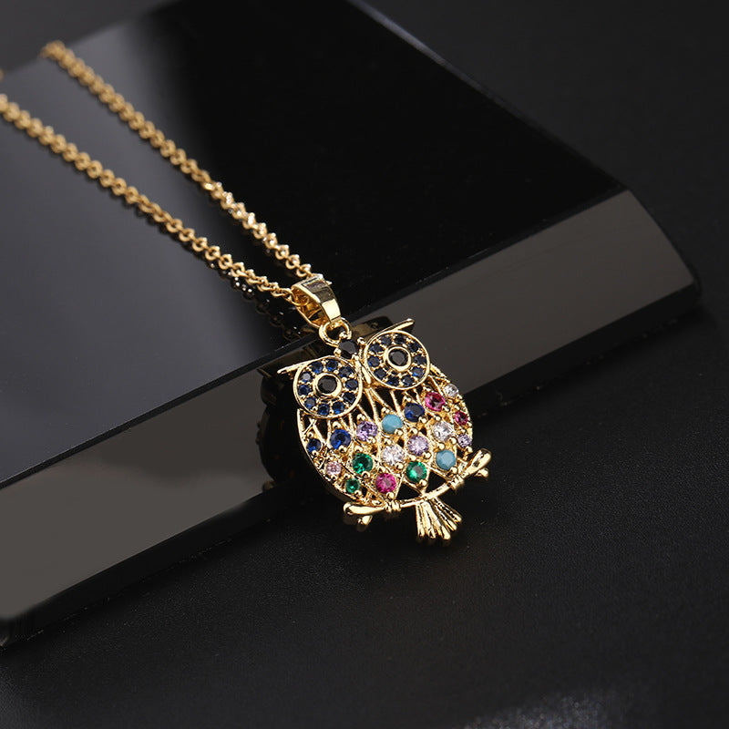 Wholesale Fashion Copper Zircon Owl Pendant Necklace For Women Electroplated Finish Everyday Jewelry Accessory