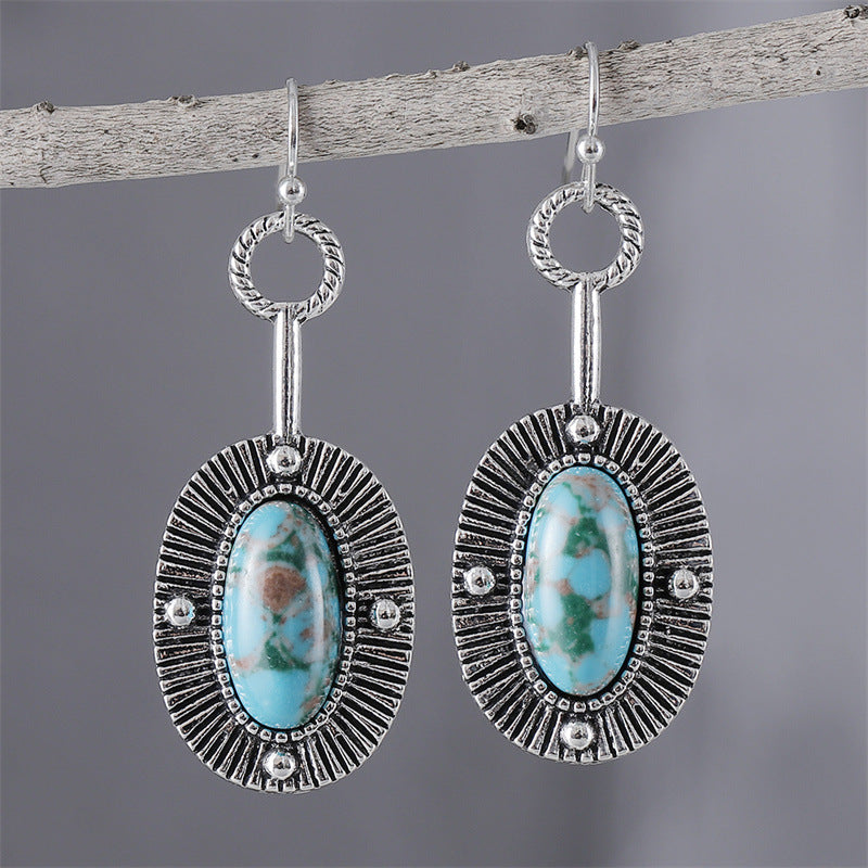 Wholesale Retro Court Style Inlaid Textured Turquoise Oval Earrings