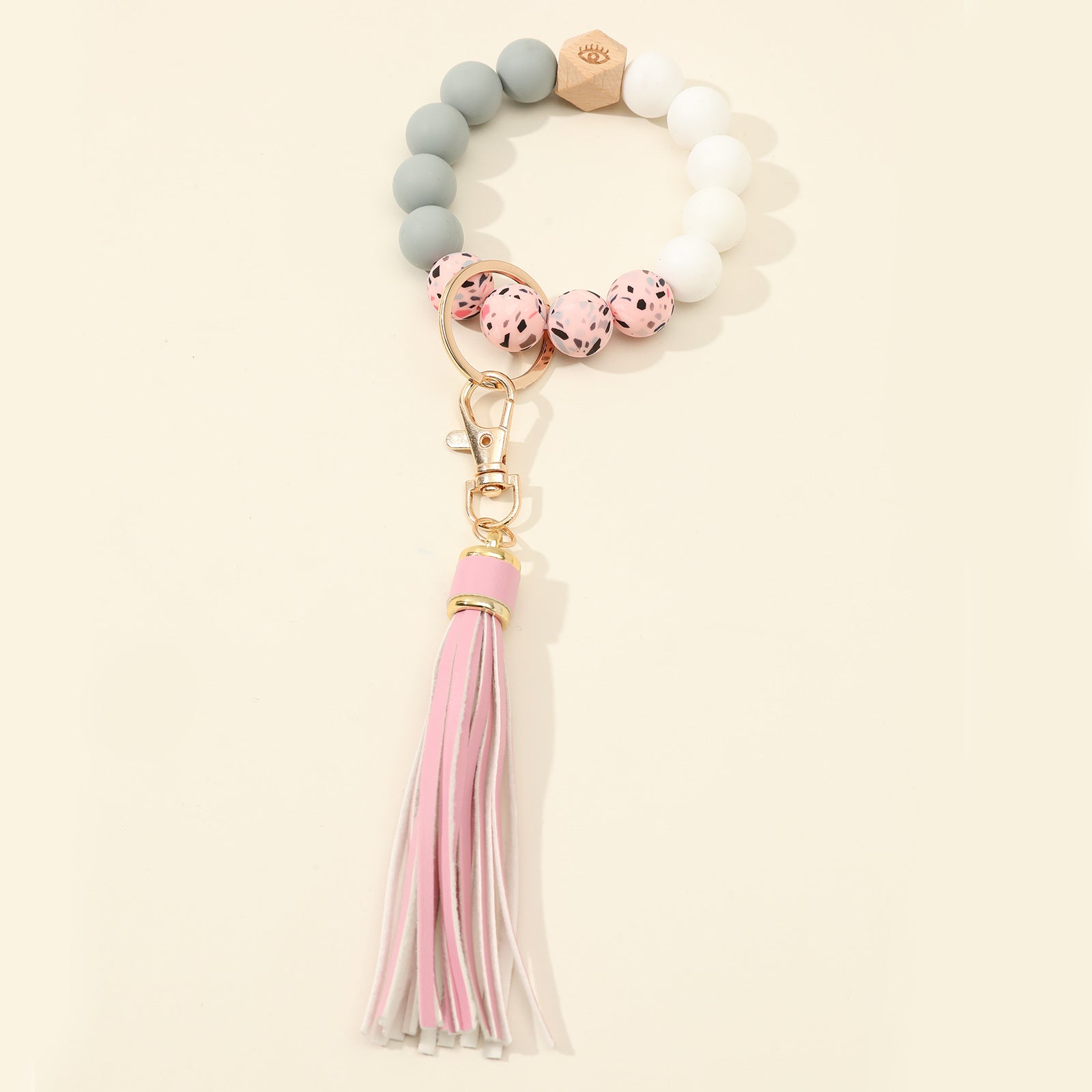 Wholesale Silicone Beads Bracelet Wooden Beads Keychain Wristlet Keychain ACC-KC-Jinz003