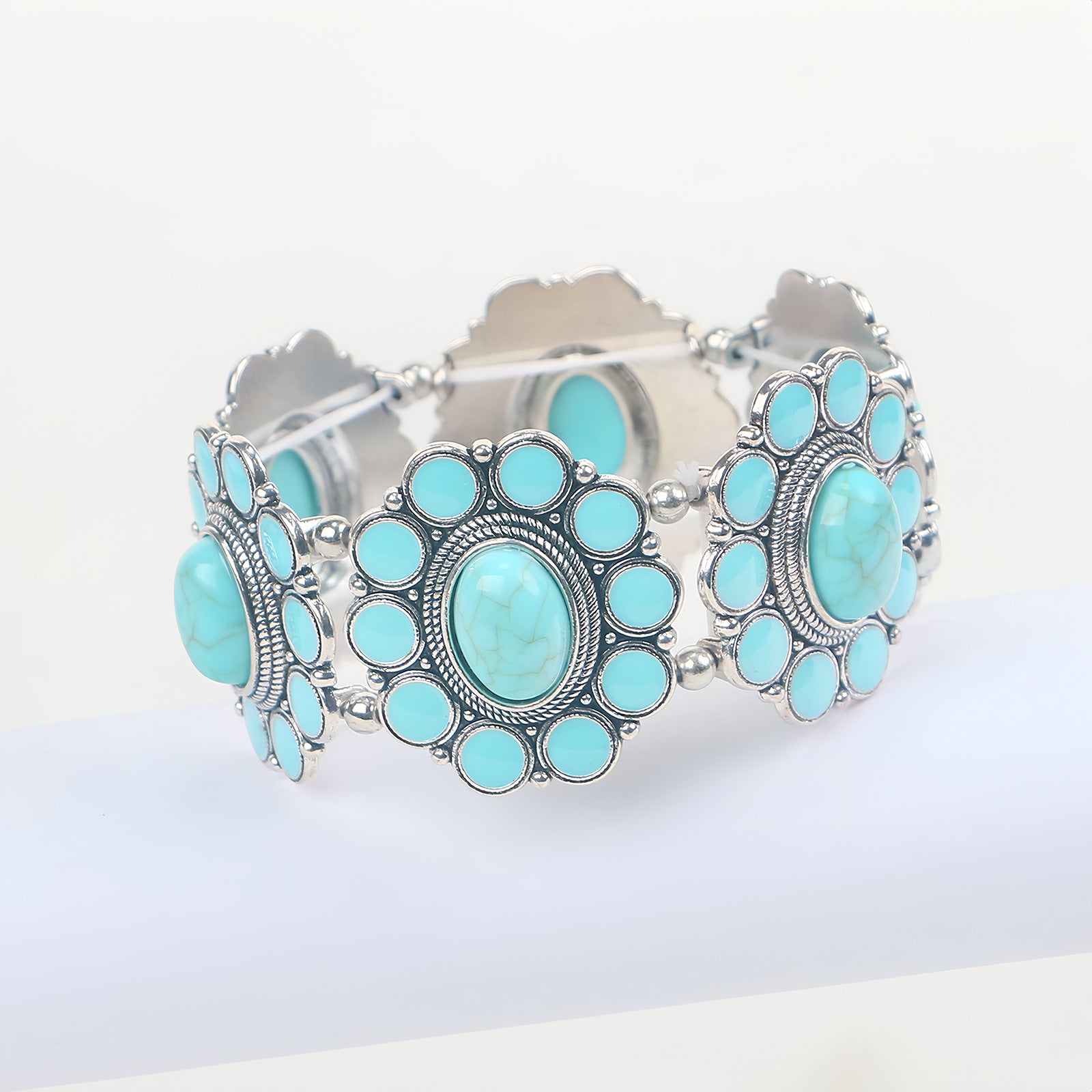 Wholesale Vintage Bohemian Elastic Bracelet With Imitation Turquoise And Antique Silver Finish Fashion Accessory For Resale