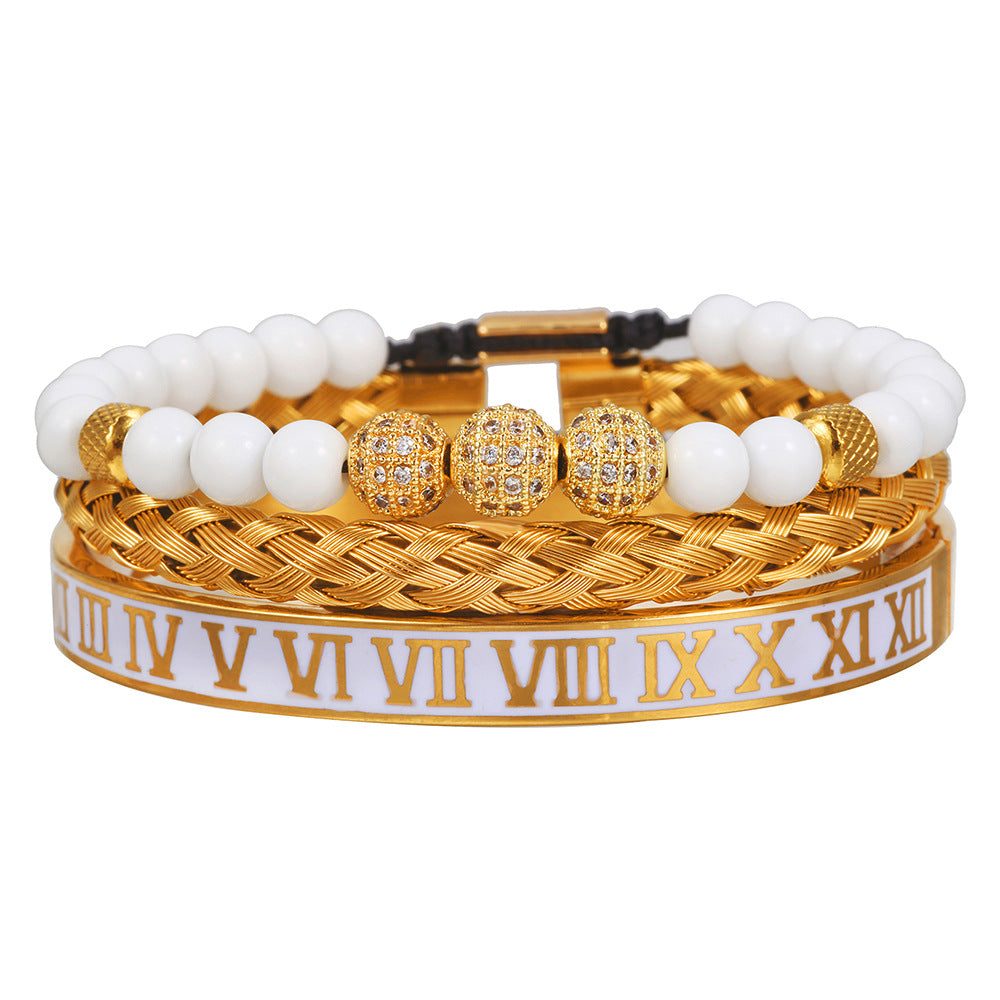 Wholesale Zircon Skull Crown Stainless Steel White Oil Drop Roman Numeral Bracelet Set