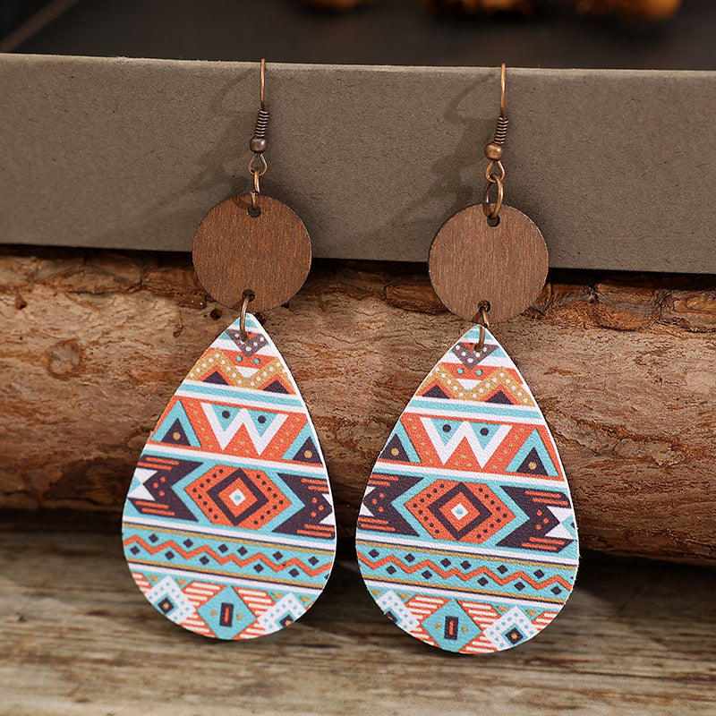 Wholesale Vintage drop-shaped western ethnic style Aztec pattern double-sided leather earrings