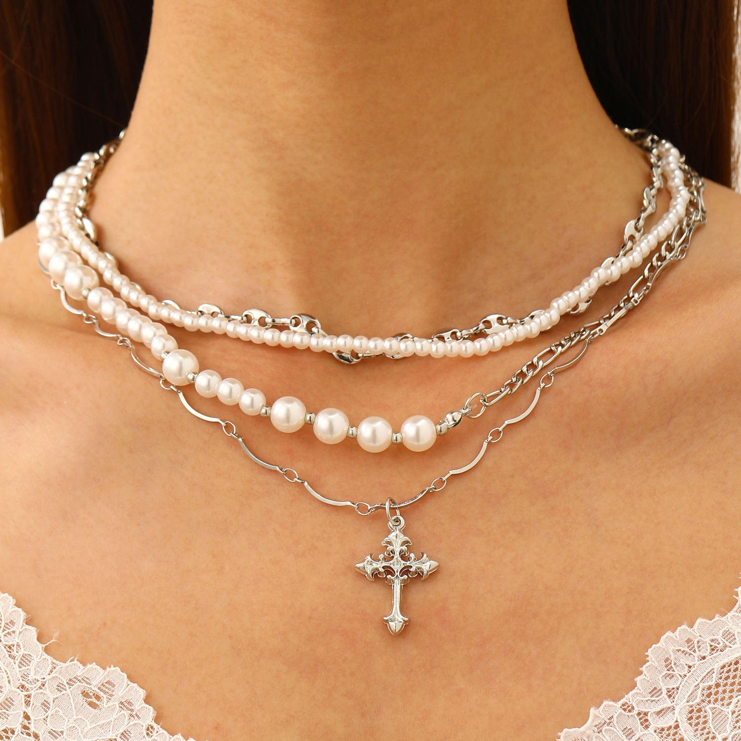 Wholesale Fashion Layered Imitation Pearl Cross Heart Butterfly Necklace Alloy Jewelry for Women
