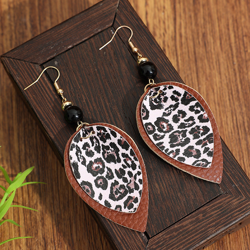 Wholesale leopard print leather earrings, double-layered leopard print teardrop-shaped leather earrings