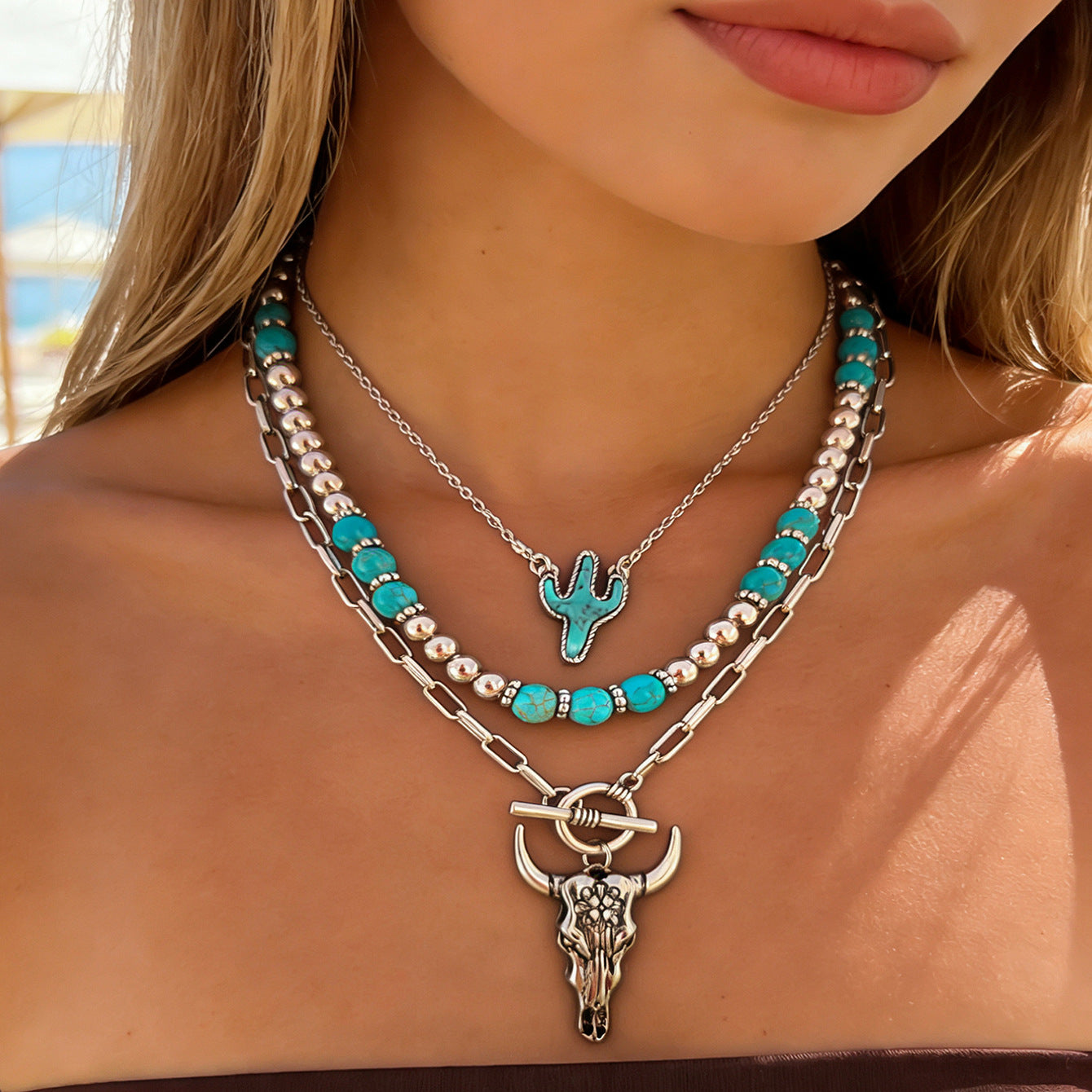Wholesale Bohemian Layered Beaded Turquoise Necklace Set Western Cowboy Style Jewelry Accessory