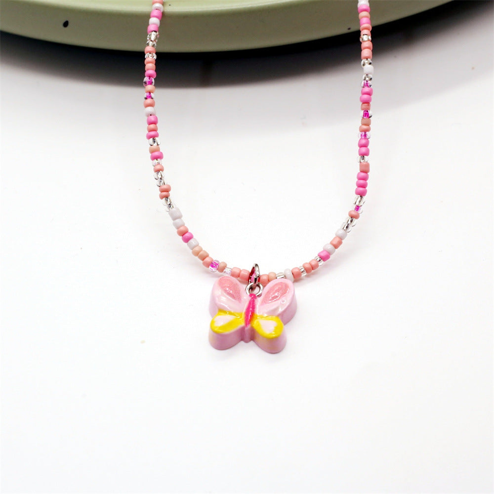 Wholesale Color Beaded Necklace Cartoon Cute Butterfly Love Clavicle Chain