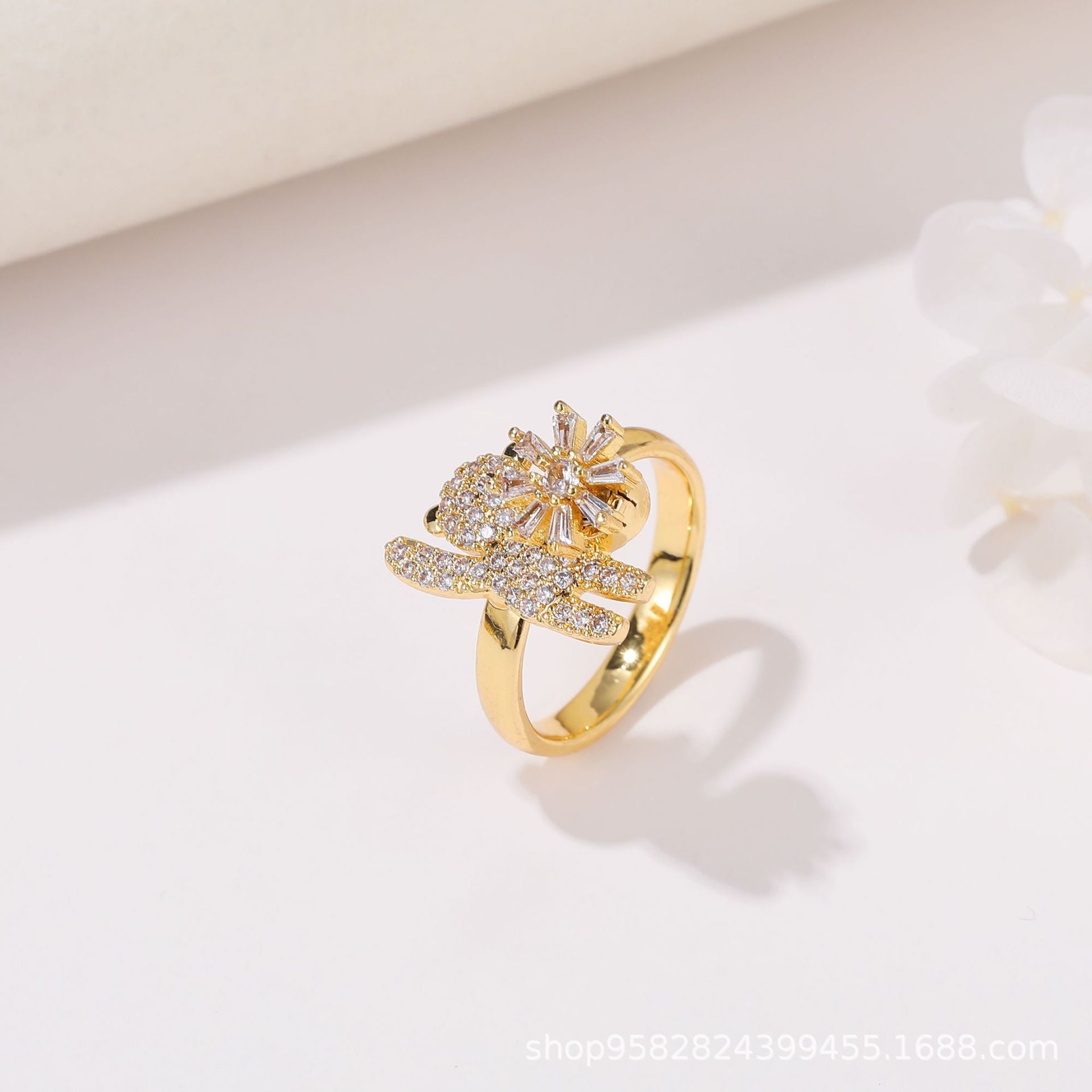 Wholesale 360° Rotating Double-Layer Flower Ring Gold Plated Zircon Fashion Accessory Boutique Gift
