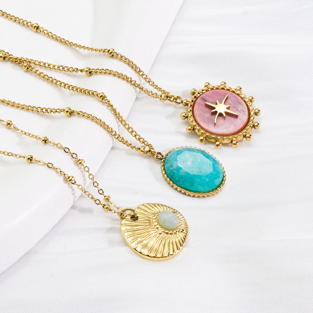 Wholesale  Titanium Steel 316L Cut Face Natural Stone Mang Star 14K Gold Necklace