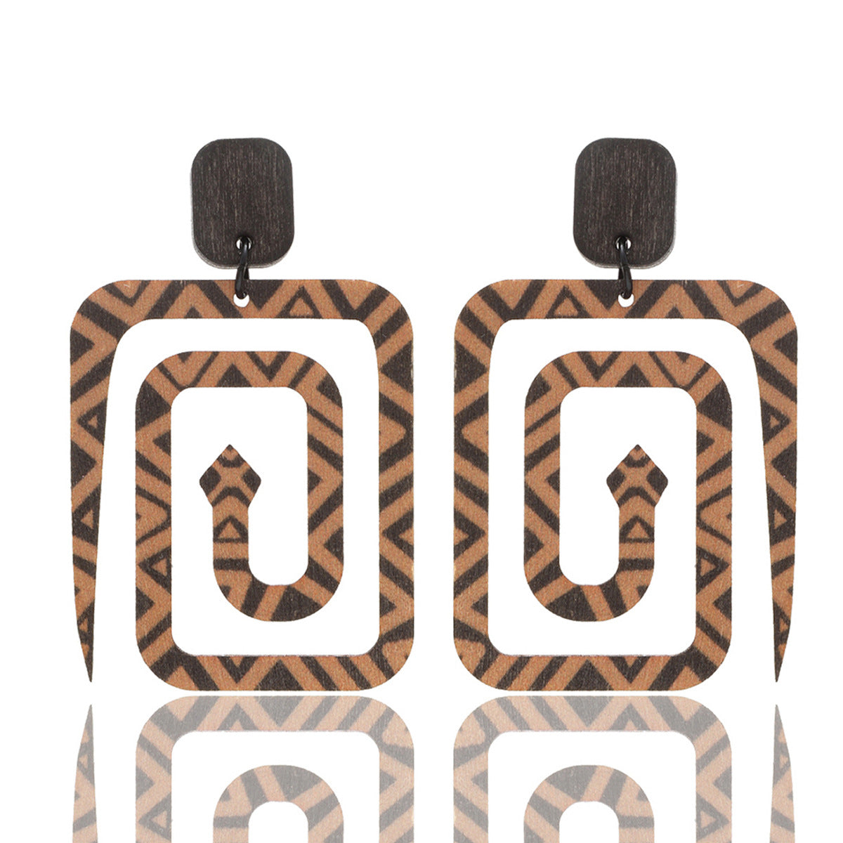 Wholesale Retro Exaggerated Geometric Stripes Snake Pattern Wooden Printing Earrings