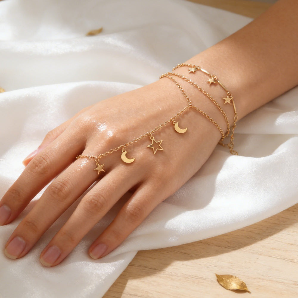 Wholesale Chic Gold Moon Star Pendant Bracelet And Finger Chain Set Women S Travel Souvenir Fashion Accessory
