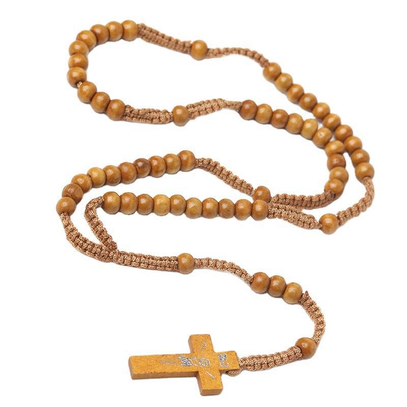 Wholesale Natural Wood Beads Cross Rosary Prayer Necklace Handwoven ACC-NE-Chengz001