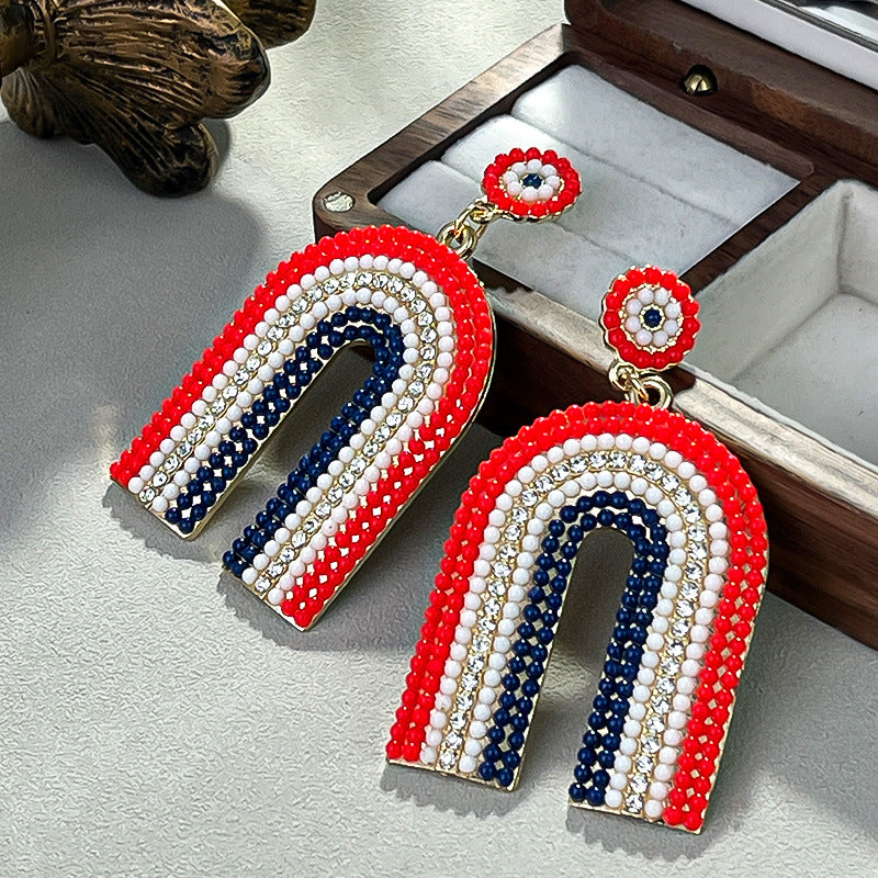 Wholesale  US Independence Day Creative Metallic Set with Rice Bead Earrings