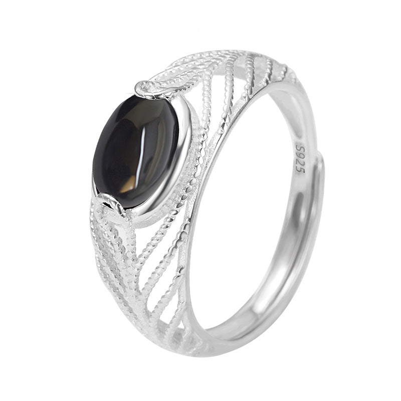 Wholesale S925 Sterling Silver Hollow out Black Agate Adjustable  Ring