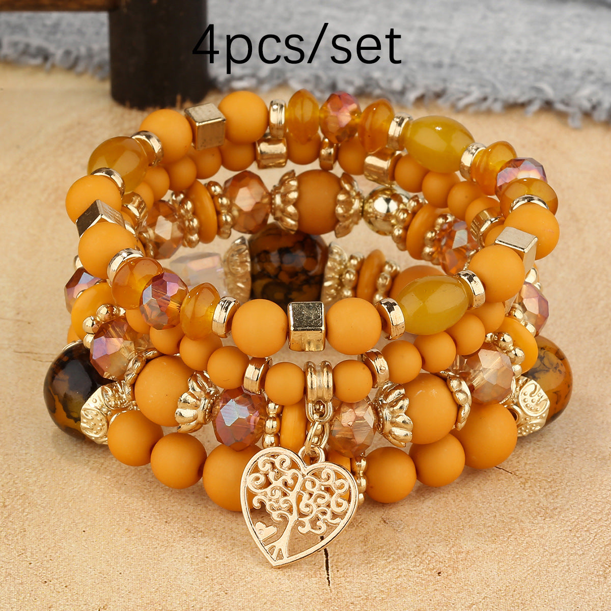 Wholesale Coffee Glass Bead Bohemian Bracelet Set Heart Pendant Tassel Jewelry